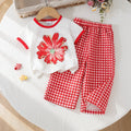 Kids clothing fashion children's clothing children's flower pattern white short-sleeved t-shirt red plaidpants
