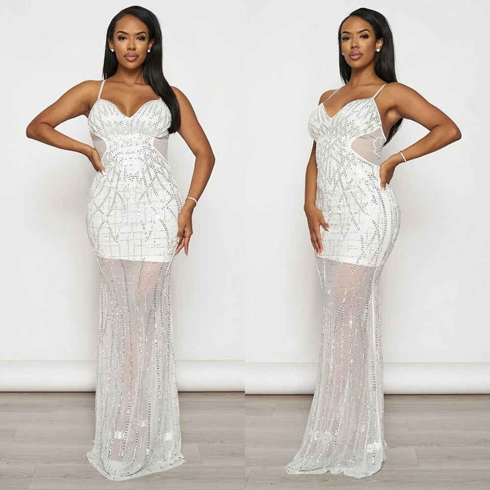 C6689 cross-border   fashion women's solid color mesh rhinestone camisole maxi dress