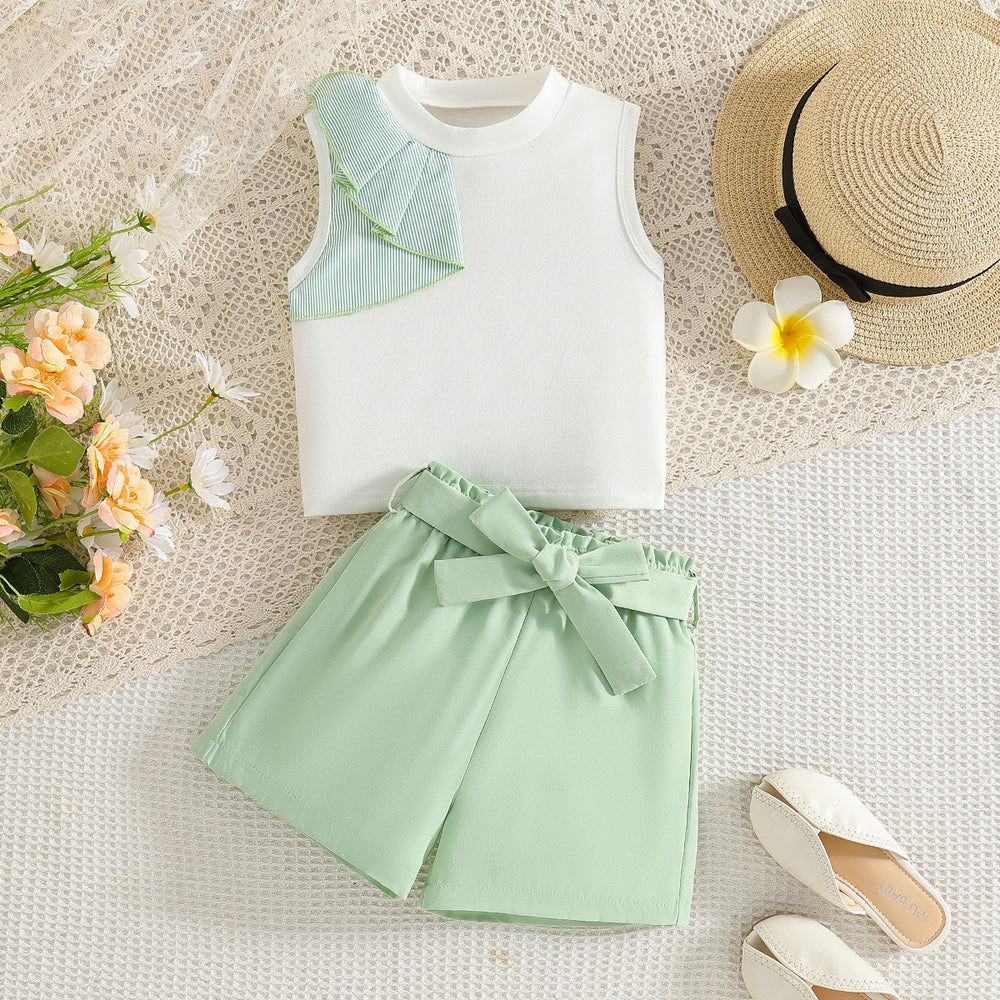 girls' summer outfit: round neck tank top with lace trim and pistachio green shorts with belt - two-piece set for kids