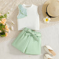 girls' summer outfit: round neck tank top with lace trim and pistachio green shorts with belt - two-piece set for kids