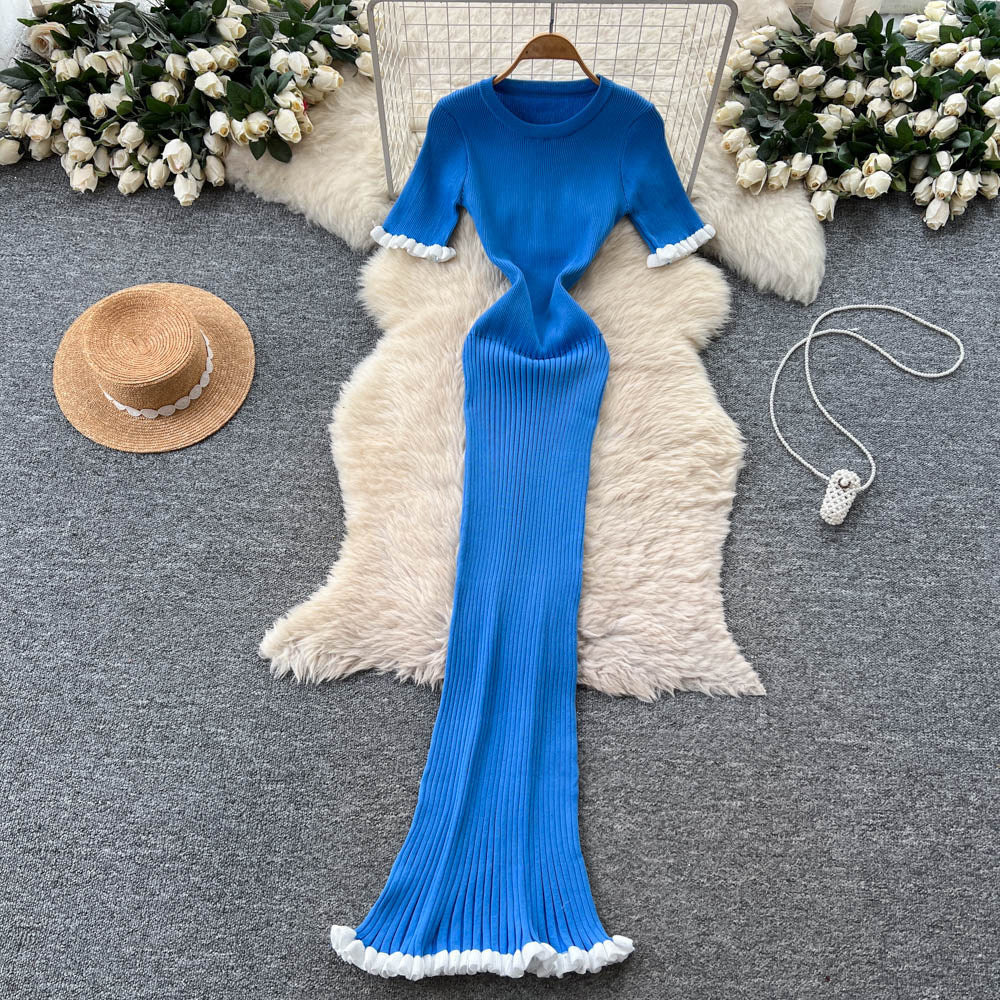 K-styleknitting round neck short sleeve dress women's summer slim slimming look waist bag hip long skirt work clothingaccessible luxury style