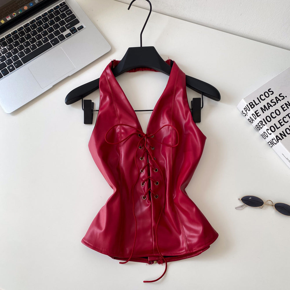 Retro hot girl v neck strap pu leather camisole women's silmslimming looksexyshorttopssummer