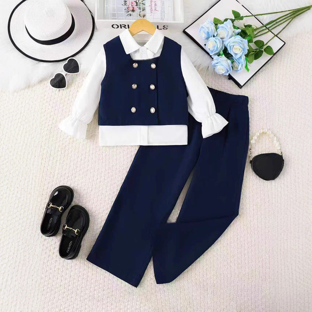 Export kids suit three-piece dark blue vest long sleevesshirt trousers british style girlsuit