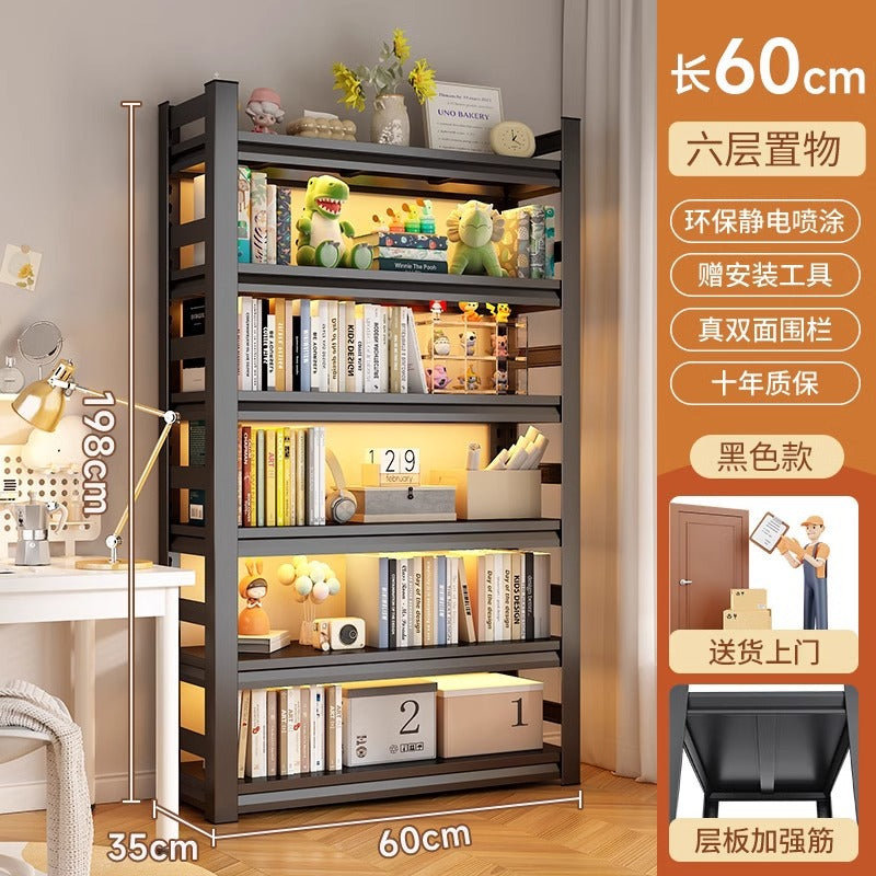 Multi-tier floor storage rack, steel bookshelf for home, living room, bedroom, kids' picture book organizer, simple iron art bookcase