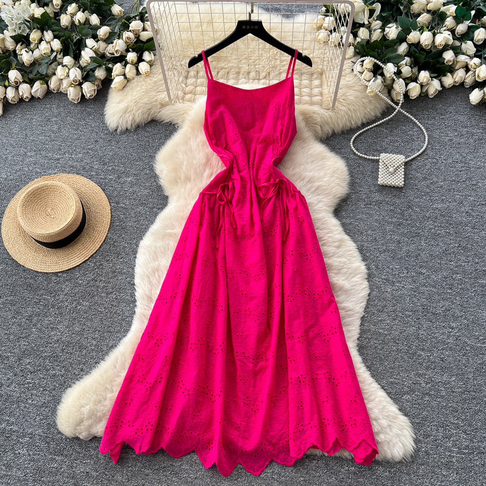 French riviera style strappy cutout cami dress - rose red, slim fit, long, sexy beach dress