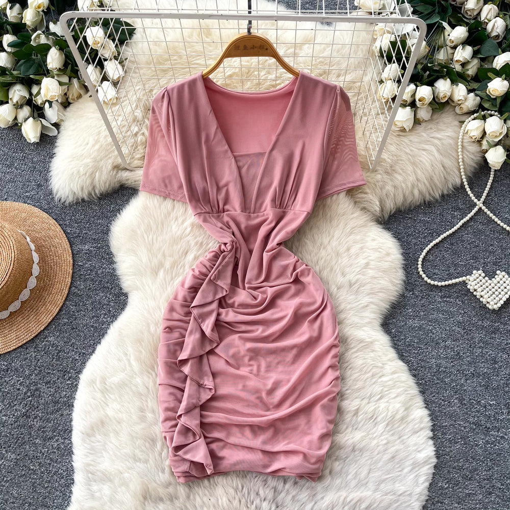 K-stylework clothing short-sleeved casualsilmdress women's summer purple v neck waist slimming look hip skirt a-line skirt