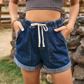 Fashion cross-border foreign trade independent station  new style lace elastic waist casual rolled hem denim shorts for women