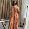 European and american cross-border women's fashion:  spring new arrival - elegant halter neck sleeveless ruffle trim cami dress with 3d floral appliqués