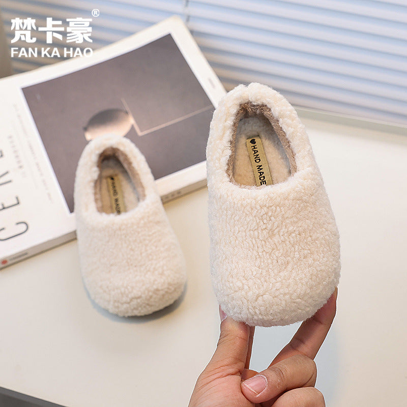 Fanka hau girls' fall/winter fleece-lined lambswool outdoor cotton shoes,  new slip-on solid color fuzzy slippers