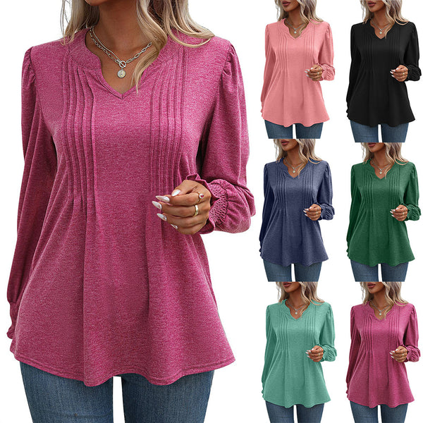 2023  Autumn New European and American Women's Solid Color Casual Top Bubble Sleeve Wrap V-Neck Long Sleeve T-Shirt