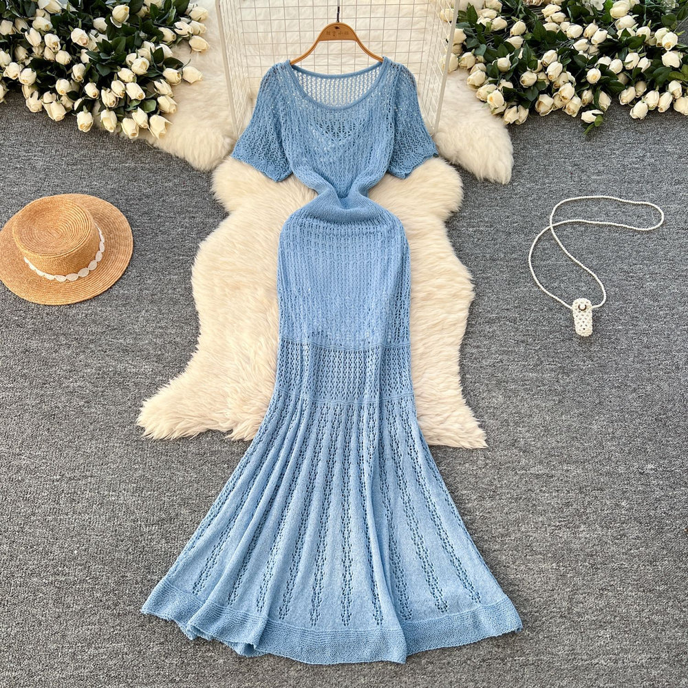 Korean style women's vacation outfit: gentle and chic crochet knit short-sleeve cardigan dress + camisole slip dress