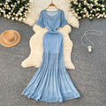 Korean style women's vacation outfit: gentle and chic crochet knit short-sleeve cardigan dress + camisole slip dress