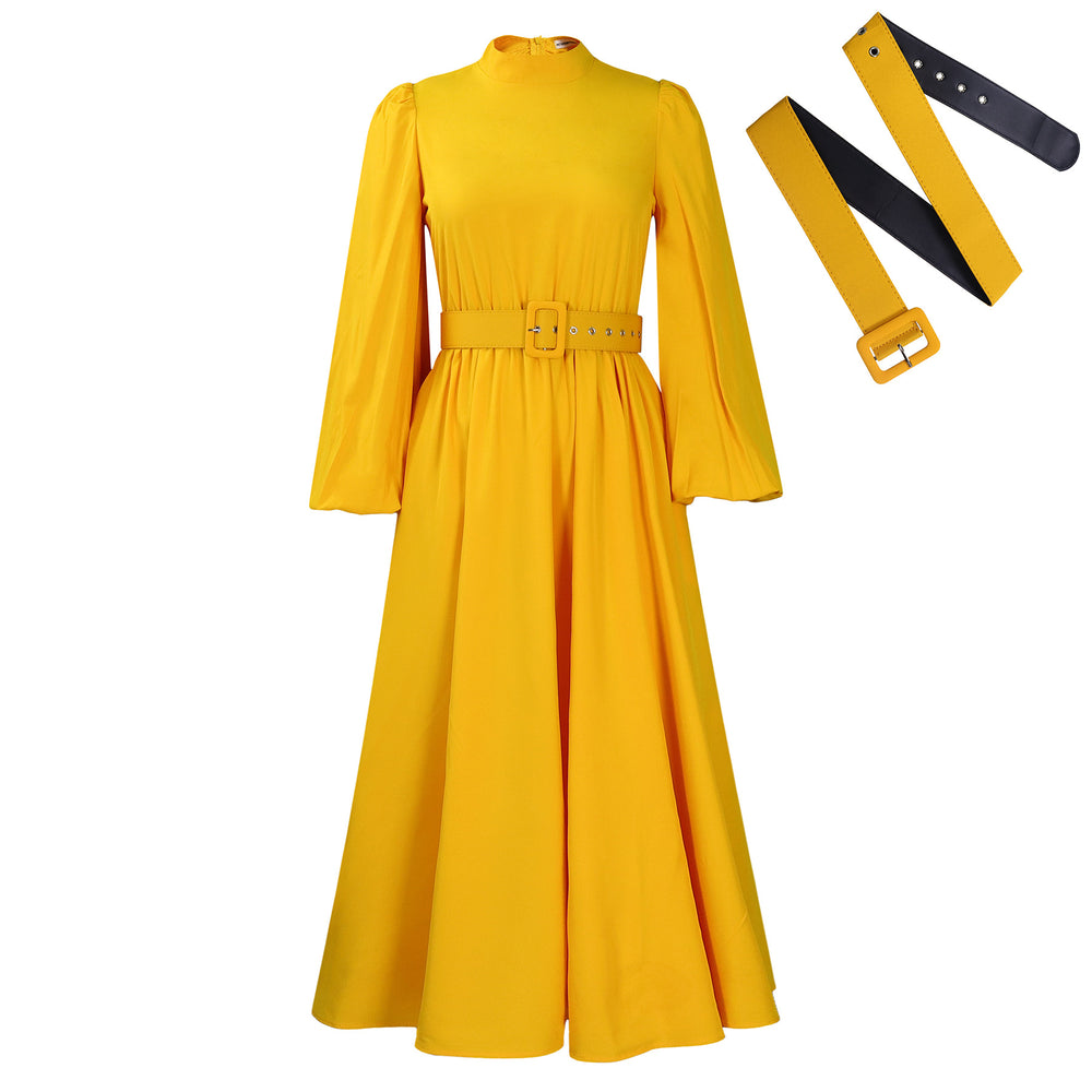 D491  women's winter new arrival: semi-high neck, long sleeve, cinched waist, elegant, slimming, a-line foreign trade dress
