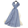 K-stylework clothingv neck short-sleeved lacepatchworkgrids pattern dress women's summer pure desire stylehigh waista lineelegant long skirt