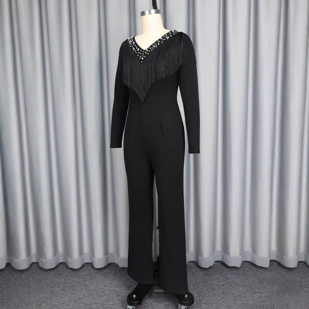 Black long-sleeve tassel jumpsuit v-neck beaded bodycon party slimming romper jumpsuits