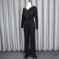 Black long-sleeve tassel jumpsuit v-neck beaded bodycon party slimming romper jumpsuits