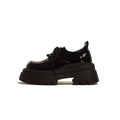 British style women's leather loafers - new autumn/winter 2026 collection - height increasing chunky sole black mary janes with lace-up closure