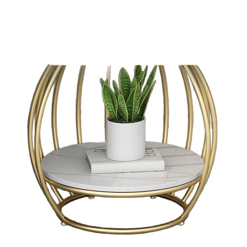 Rock slab small coffee table for home small apartment side table living room balcony round tea table double-layer storage beauty salon small table