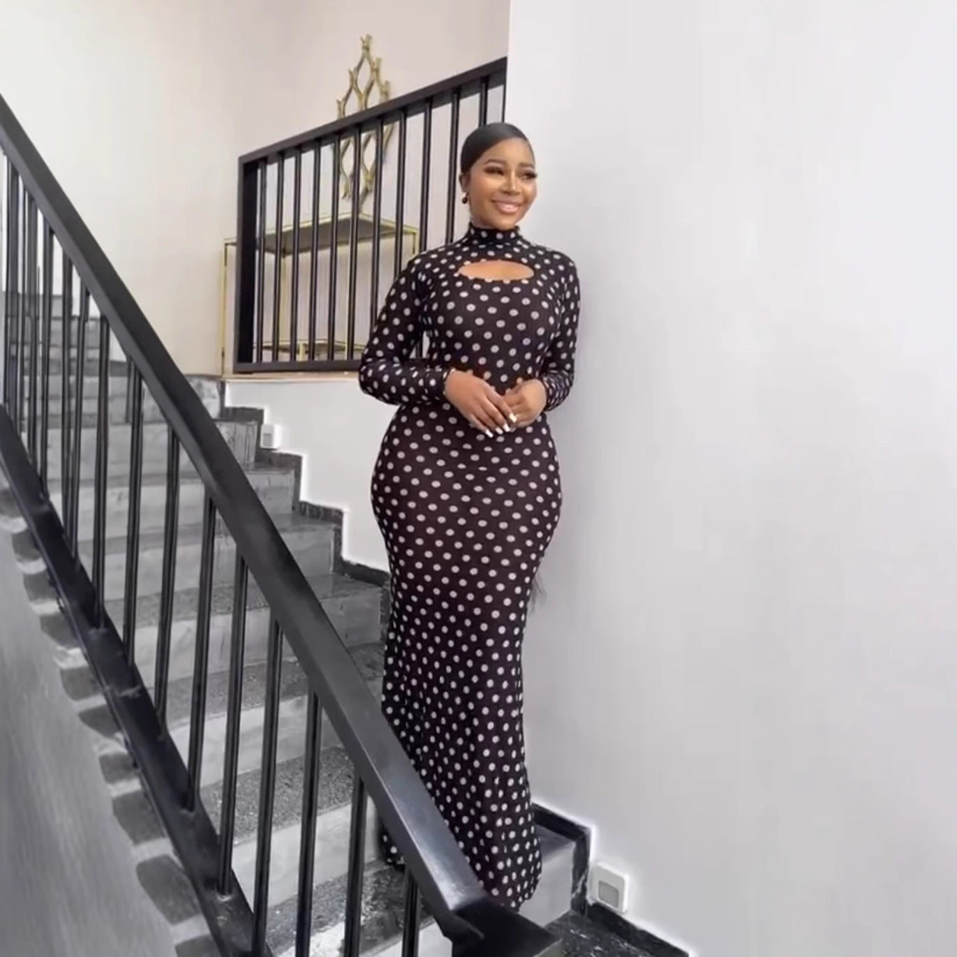 European and American new printed semi-turtleneck hollow sexy hip-wrapped long-sleeved dress polka dot long dress