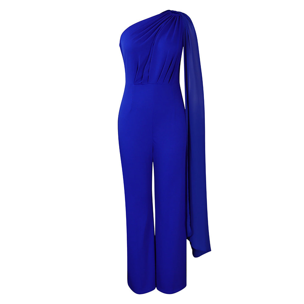 C8560 cross-border women's clothing independent station foreign trade pure colorolsexy one-shoulder banquet fashion dress african jumpsuit