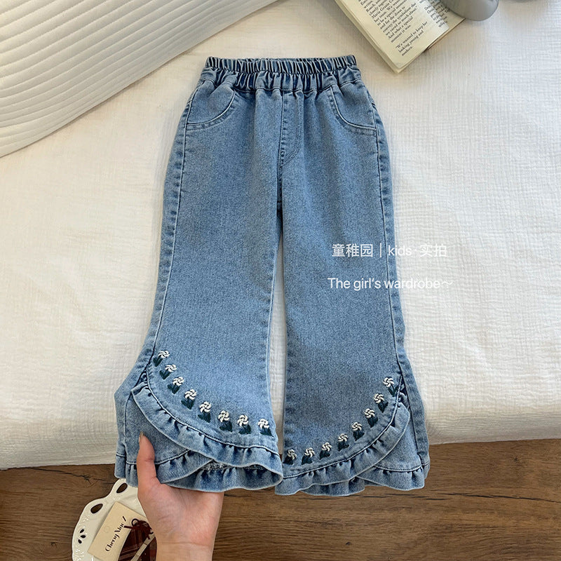 Girl denim bell bottoms spring & fall new arrivaloutwearkorean stylekidsilm spring & fall clothing baby micro-flared pants trendy