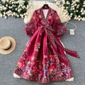 European and american retro court style dress - women's spring/autumn french tie-waist v-neck lantern sleeve printed maxi dress