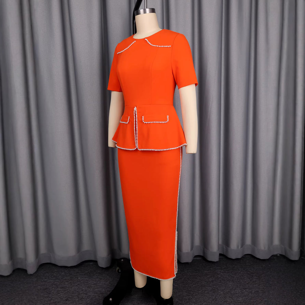 New round neck commute dress - ruffle trim knit chain detail bodycon dress