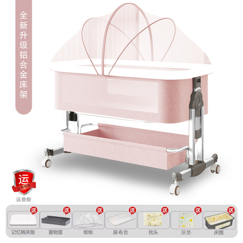 Aluminum alloy baby crib convertible to big bed, multifunctional portable folding children's bed, newborn baby bed with changing table