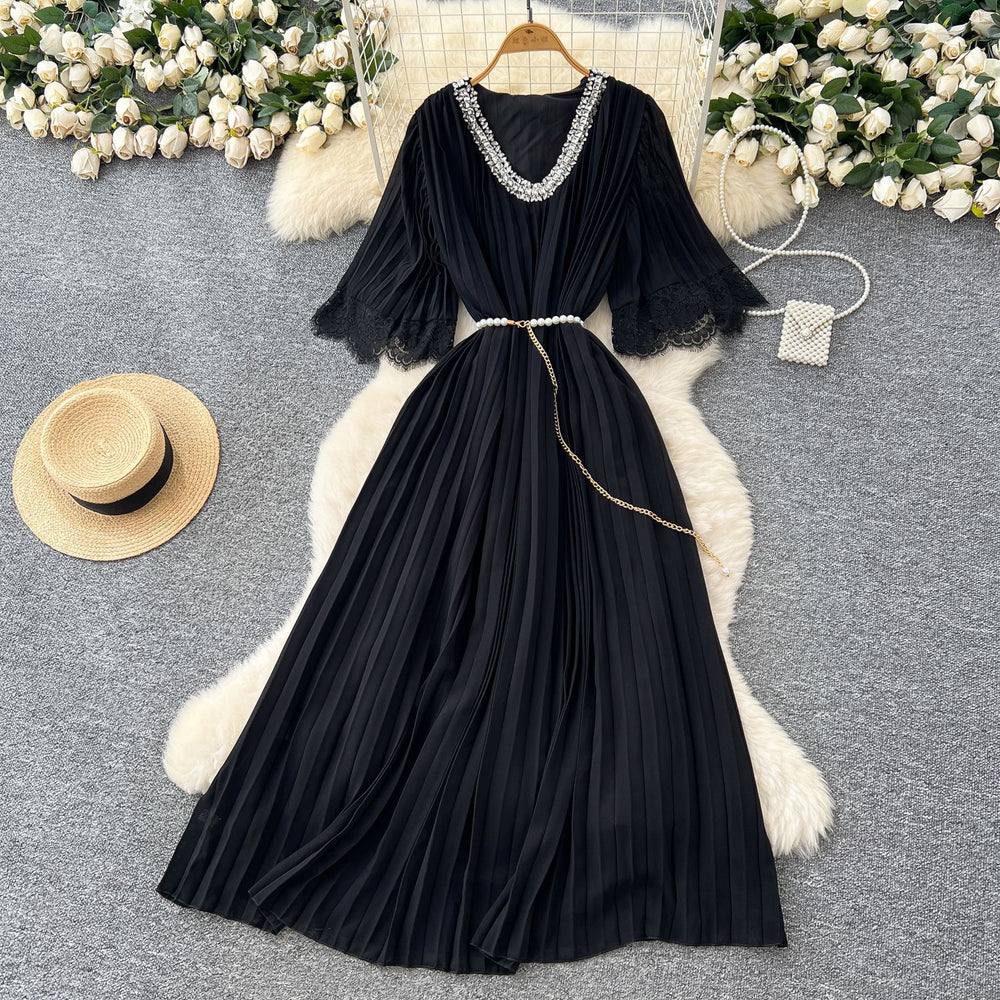 French-style embellished v-neck lace patchwork midi dress with ruched detail and tie-waist – women's loose-fit maxi dress