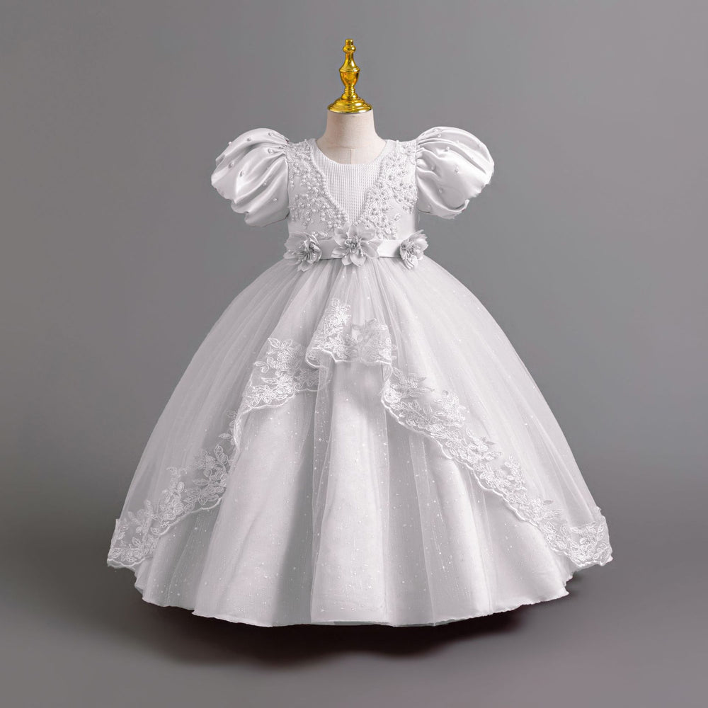 Ready-to-ship wholesale princess dresses with puff sleeves and lace detailing, perfect for children's formal wear, birthdays, piano recitals, and performances. kids' dresses