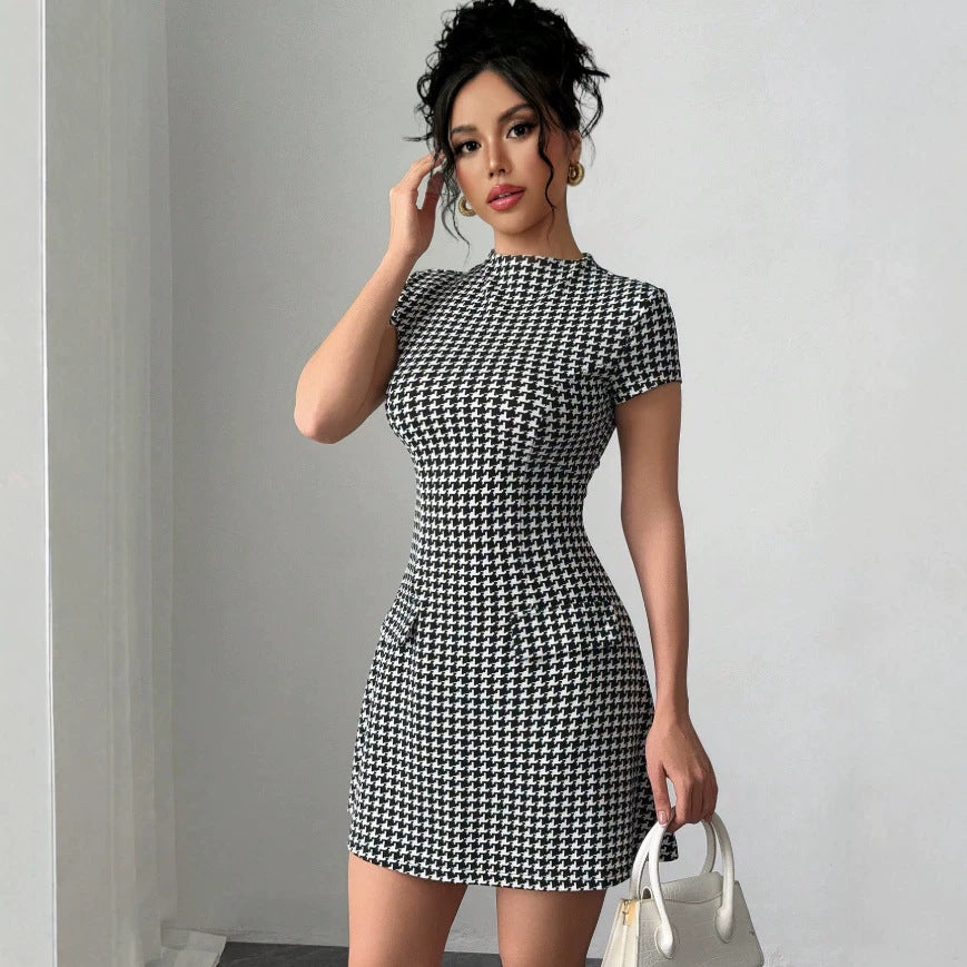 independent station new arrivalfashionelegant silmslimming look round neck beaded grids pattern tweed style mini dress for women