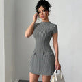independent station new arrivalfashionelegant silmslimming look round neck beaded grids pattern tweed style mini dress for women