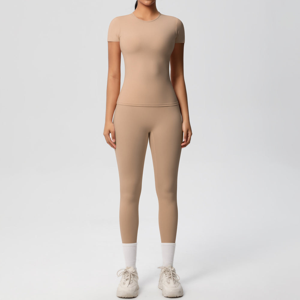 Ready-to-ship, solid color, double-sided brushed, breathable, form-fitting, two-piece activewear set for fitness, running, and yoga