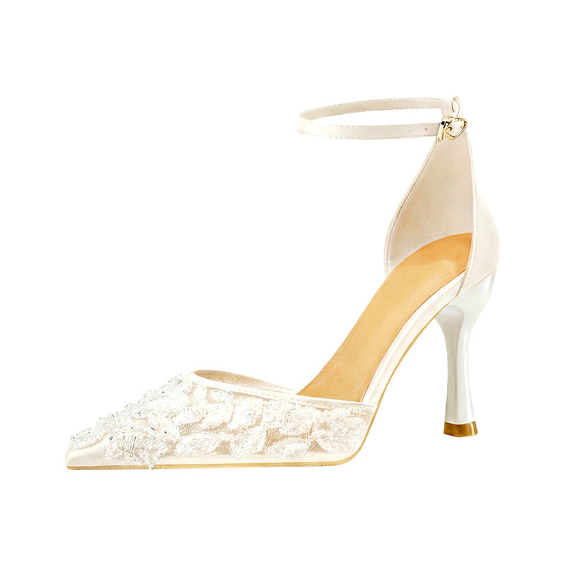 2026 new summer mesh bridal shoes women's wedding shoes one-strap high heel sandals
