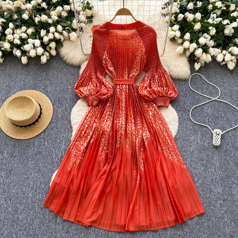 Palace style classyprinting lantern sleeve dress women's spring strap stereo flower pleated super fairy long skirt