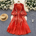 Palace style classyprinting lantern sleeve dress women's spring strap stereo flower pleated super fairy long skirt