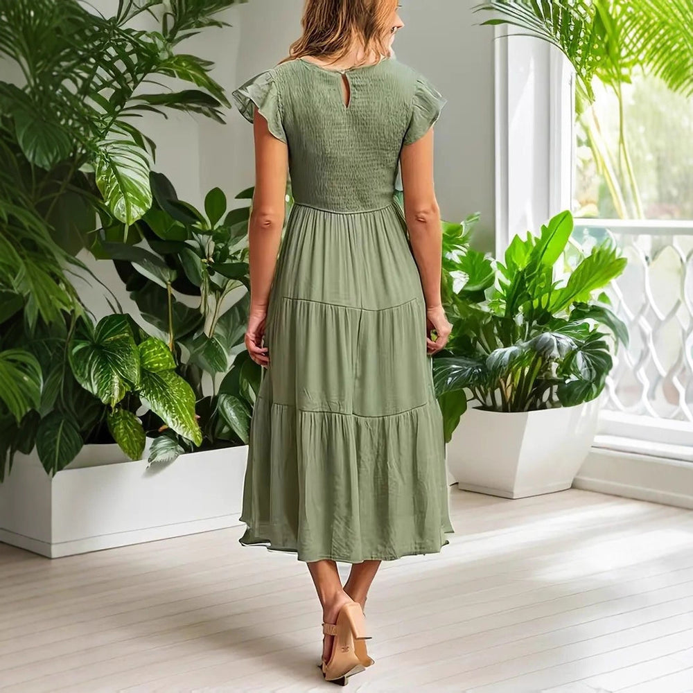 summer women's short-sleeve dress : fashionable solid color, slim-fit, figure-flattering, mid-length, versatile