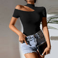 spring and summer new arrival cross-border fashion round neck women's ins popular short-sleeved t half turtleneck one-sided off-shoulder short