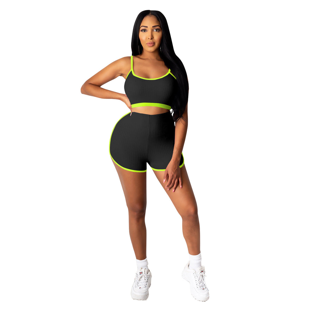C3635 in-stock cross-border   fashion european and american women's yoga cropped tank top two-piece set