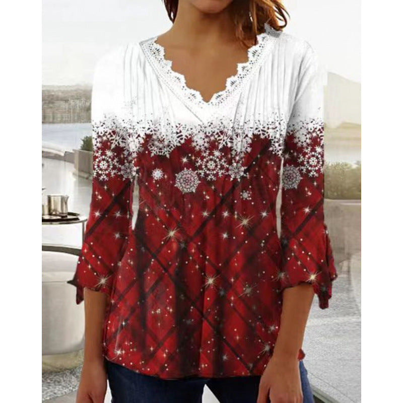 fall/winter new european and american style cross-border snowflake print plaid v-neck long sleeve top for women