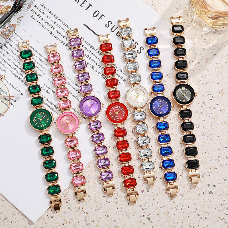 Round dial small square sugar cube niche women's watch diamond-studded candy color new fashion quartz bracelet watch for women