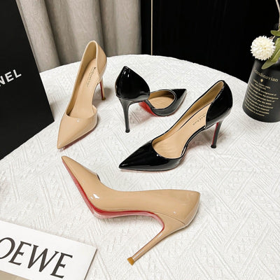 Red bottom high heels women's pointed toe stiletto side empty high heels not tiring feet elegant pointed toe nude classy sense of single shoes