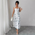 autumn european and american  cross-border e-commerce new solid color sleeveless square neck printed backless slit dress
