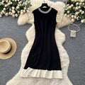 Summer chic: beaded, sleeveless, slim-fit knit dress - french style color block sweater dress for women