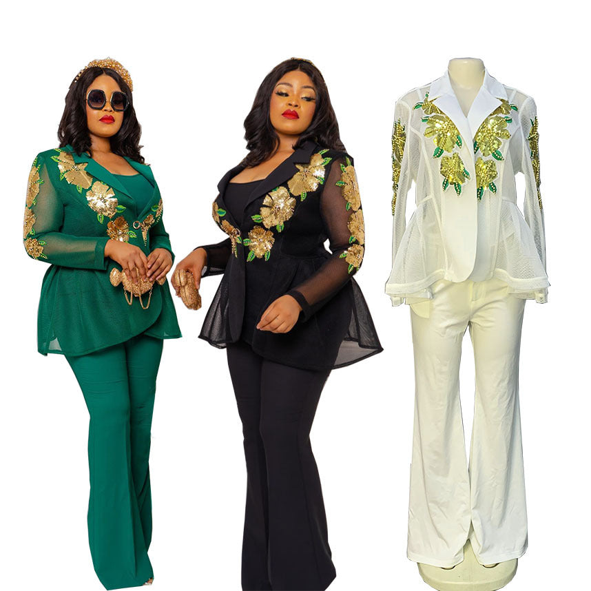 supply mesh long-sleeved suit outwearmatching short suspender flared pants suitsequin large flower beading clear