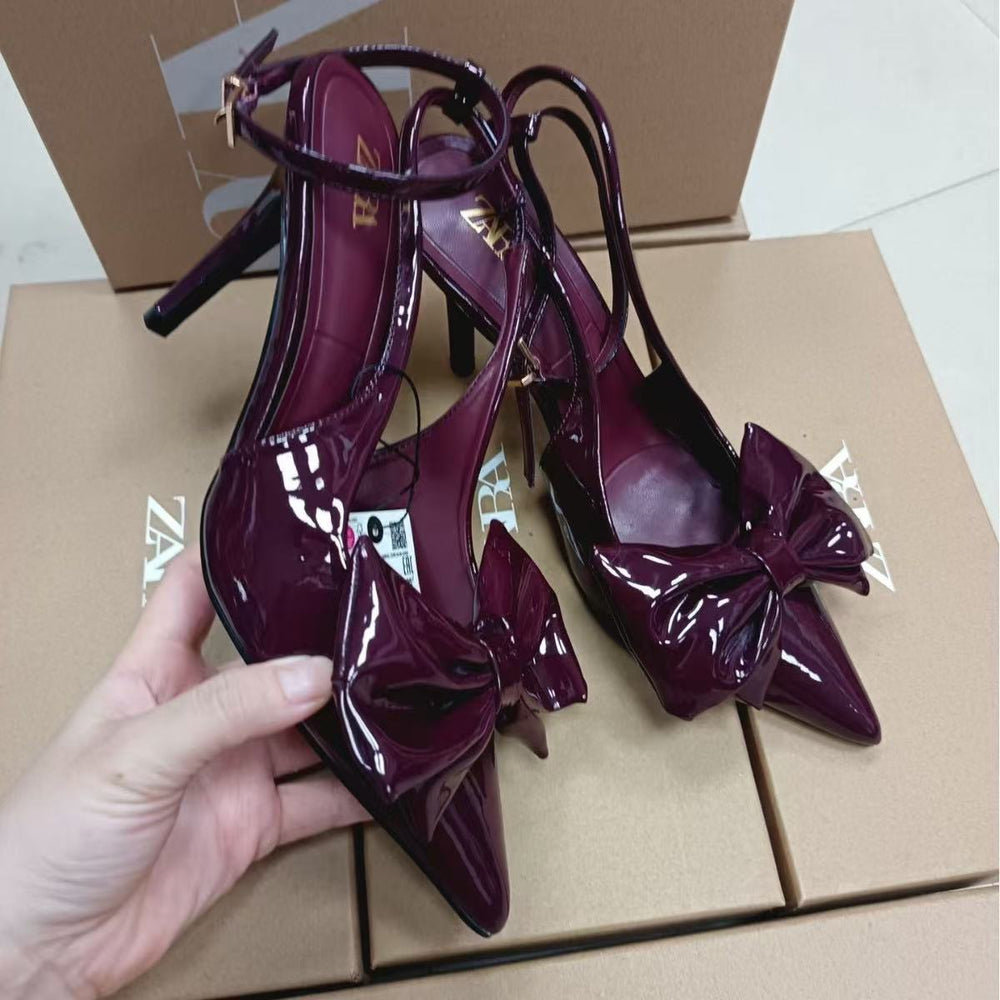 Za2024autumnew arrival red bow decorated high heels women's french pointed toe hollow back mixed strap stiletto sandals