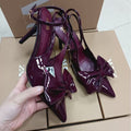 Za2024autumnew arrival red bow decorated high heels women's french pointed toe hollow back mixed strap stiletto sandals