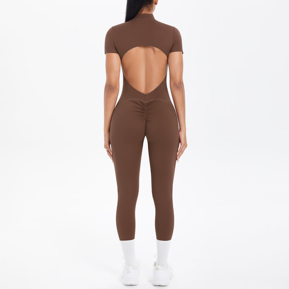 New arrival cross-border fashion tight back cut out short-sleeved pants jumpsuit sports running fitness jumpsuit yoga clothes