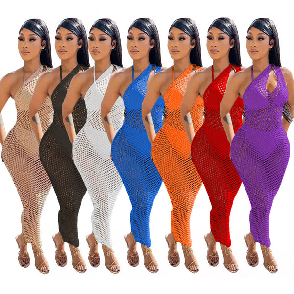 2022 European and American swimwear swimsuit sexy perspective mesh hollow beach skirt bikini blouse vacation suspender skirt