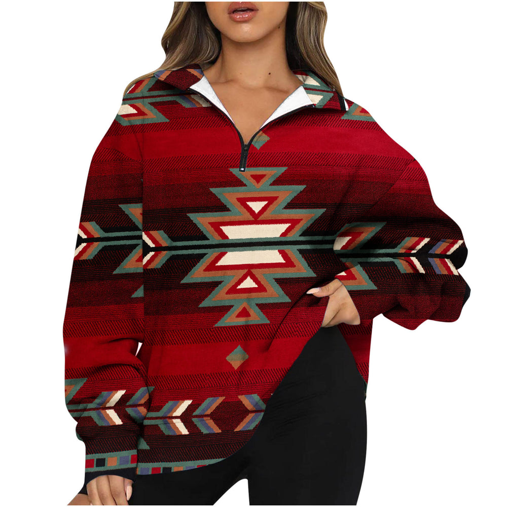 new european and american style  print top - women's half-zip pullover long sleeve sweatshirt